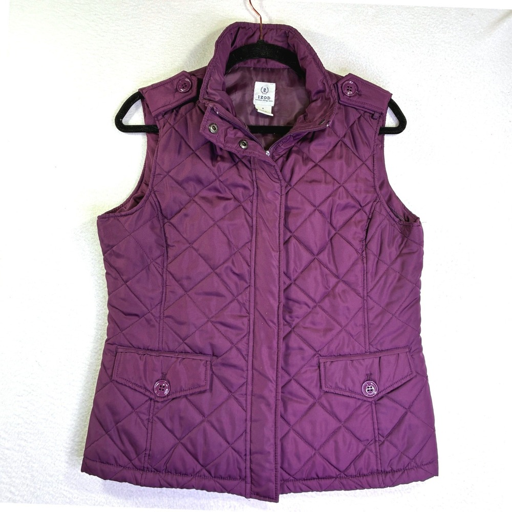 Izod Womens Diamond Quilted Vest Purple Full Zip Snap Pockets Size Medium